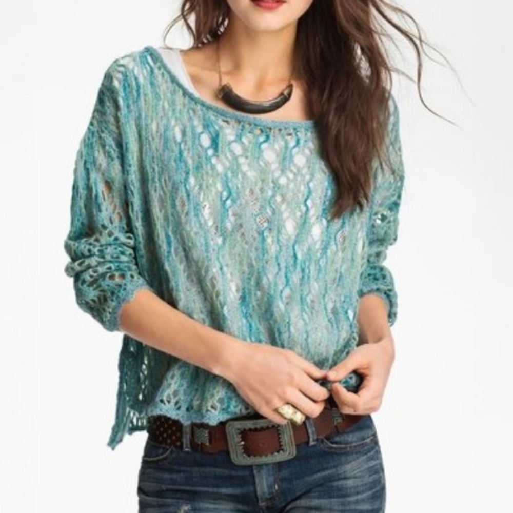 Free People Blue/Green Mohair Blend Open Crochet Sweater